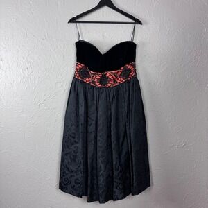 Vtg Escada Black Velvet Coral Beaded Strapless Silk Corset Cocktail Dress 42
